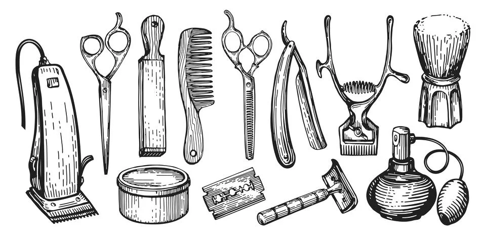 Barbershop set items for professional haircut and shave. Barber tool kit sketch Stock Illustration