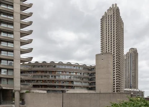 The Barbican Centre, a prominent example of Brutalist architecture in Londo.. Stock Photos
