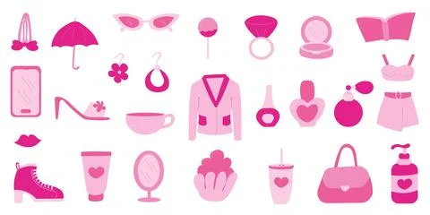 Barbicore set elements pink doll accessories play Stock Illustration