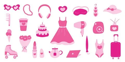 Barbicore set elements pink doll accessories play Illustrazione stock