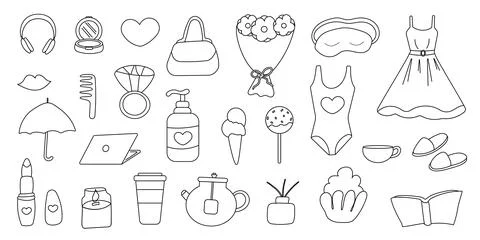 Barbicore set elements pink line doodle doll Illustrazione stock