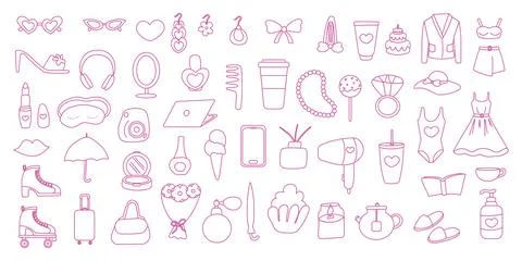 Barbicore set elements pink line doodle doll Illustrazione stock