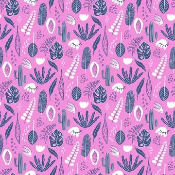 Barbiecore style seamless pattern with tropical rainforest plants Stock Illustration
