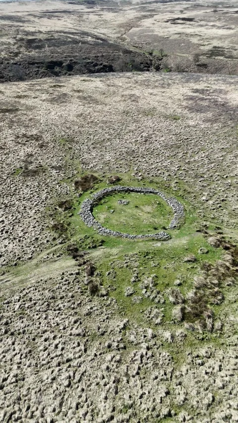Barbrook II ring cairn aerial on Ramsley Moor North East Derbyshire Video stock 346236769