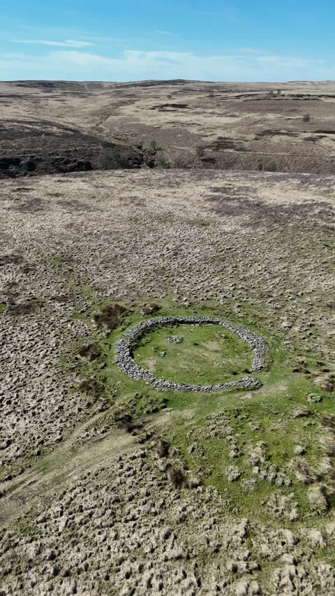 Barbrook II stone circle aerial with Peak District moorland and sky Video stock 346236779