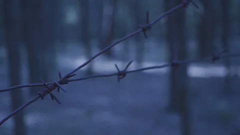 Barbwire fence close up single wire blur foliage concept of pandemic and 스톡 동영상 129090349