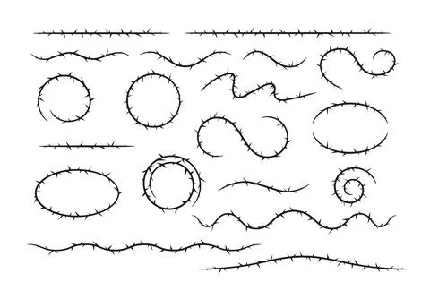 Barbwire, thorny frames different shapes vector set, wreath, barb line Illustrazione stock