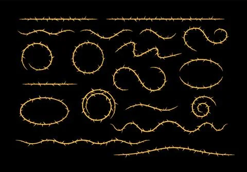 Barbwire, thorny frames different shapes vector set, rusty wreath, barb line Illustrazione stock