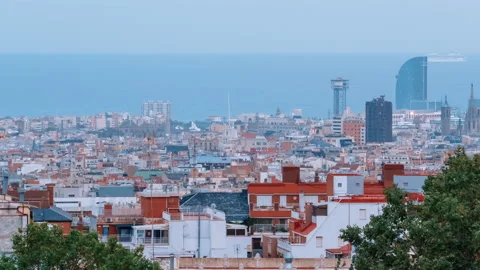 Barcelona from above at dusk time. Timelapse, telephoto shot Stock Footage 155144612