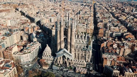 Barcelona Aerial Footage Drone Shot of Sagrada Familia and City View of Old Town Stock Footage