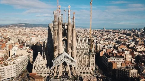 Barcelona Aerial Shot of Sagrada Familia Church Drone Footage of the City Stock Footage
