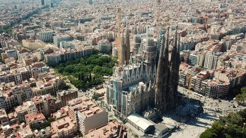 Barcelona aerial view of Eixample and Sagrada Familia Church Stock Footage 109326398