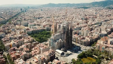 Barcelona aerial view of Eixample and Sagrada Familia Church Stock Footage 109326410