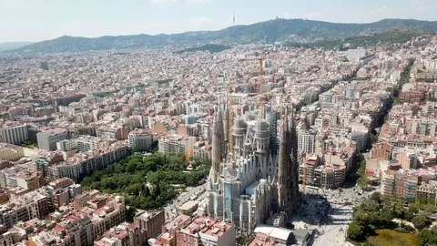 Barcelona aerial view of Eixample and Sagrada Familia Church Stock Footage 109326444