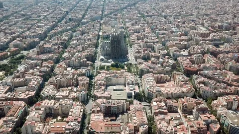 Barcelona aerial view of Eixample and Sagrada Familia Church Stock Footage 109326445