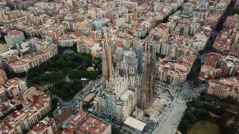 Barcelona aerial view of Eixample and Sagrada Familia Church Stock Footage 109326476