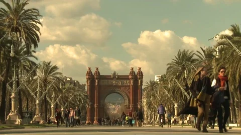 Barcelona Arc de Triomf still shot people walking Stock Footage 73290597