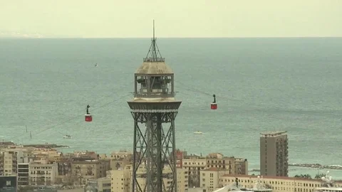 Barcelona bay cableway buildings and sea shot Stock Footage 73290588