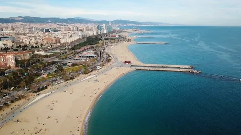 Barcelona Beach Aerial Drone Shot Skyline City View Travel Timelapse Footage Stock Footage