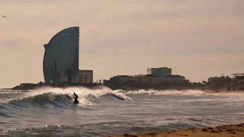 Barcelona beach with big waves Stock Footage 232494329