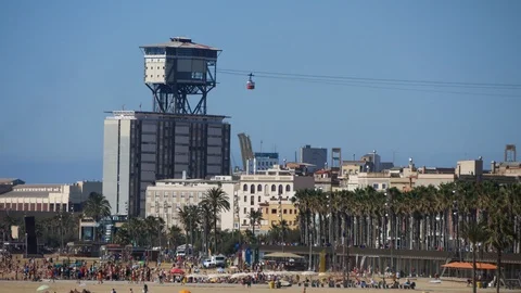 Barcelona beach funicular cableway Stock Footage 93708929
