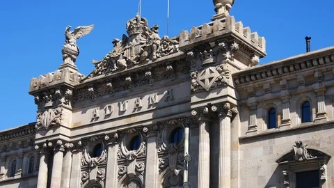 Barcelona building with flags Stock Footage 93708913