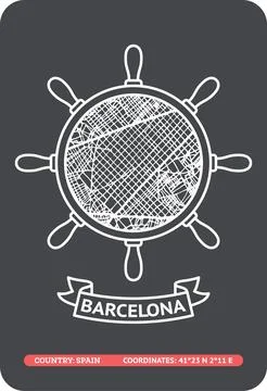 Barcelona city map inside a ship wheel silhouette. Nautical themed illustra.. 스톡 일러스트