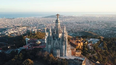 Barcelona Drone Shot of Tibidabo Church and Aerial Footage of City View Stock Footage