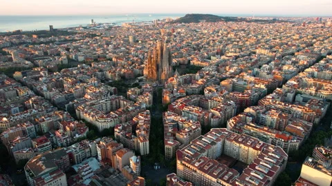Barcelona Eixample residential district and Sagrada Familia at sunrise Video stock 194141573
