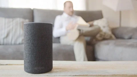 BARCELONA - June 2019: Amazon Echo and a man reading a book in a livingroom Stock Footage 109607937