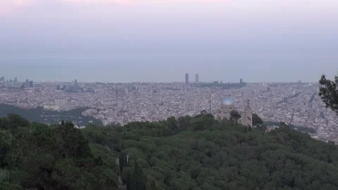 Barcelona landscape hill observatory trees morning sundown sea Collserola Stock Footage 324912504