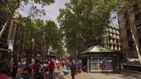 Barcelona Las Ramblas Busy with tourists on sunny day Stock Footage