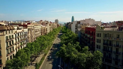 Barcelona major street aerial rising shot, Spain. City skyline. 4K video Stock Footage