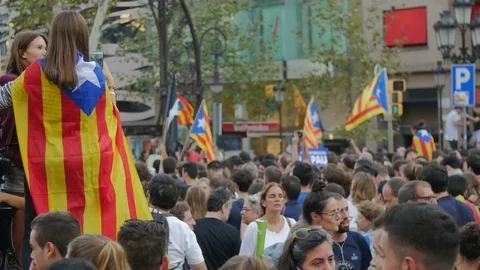 Barcelona; October 3th 2017: Demonstration to protest against Spanish police Stock Footage