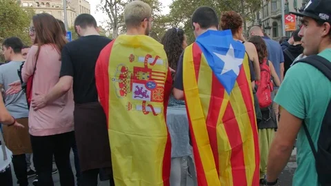 Barcelona; October 3th 2017: Demonstration to protest against Spanish police Stock Footage