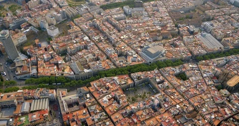 Barcelona Old Town aerial view and famous La Rambla boardwalk, Spain Stock Footage