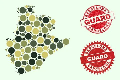 Barcelona Province Map Collage with Camo Military Spheric Elements with Distress Illustrazione stock