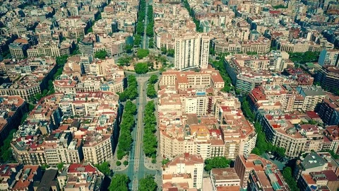 Barcelona residential area blocks pattern and major street aerial view, Spain Stock Footage 74909749
