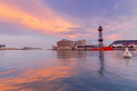 Barcelona. Seaport at sunset. Stock Photos