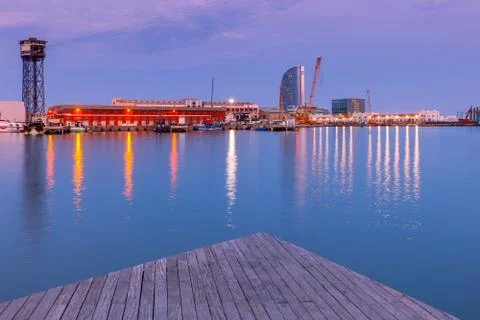 Barcelona. Seaport at sunset. Stock Photos