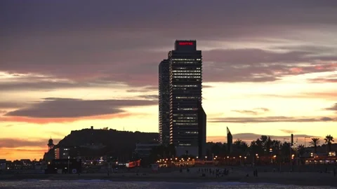 Barcelona Skyline Sunset Video stock 168440010