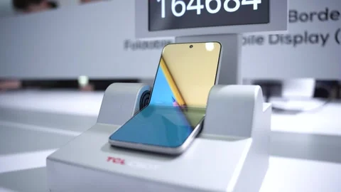 Barcelona, Spain - 02.03.2026: close up of a foldable phone on display at MWC Stock Footage 330399042
