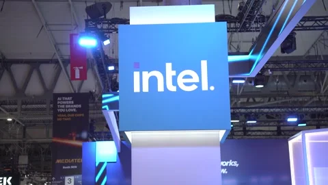 Barcelona, Spain - 02.03.2026: the microchip processors maker Intel logo is seen Stock Footage 330485059