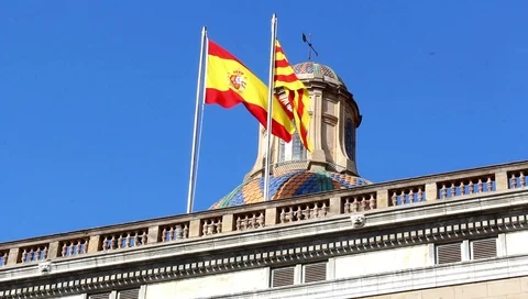 BARCELONA, SPAIN - 08/02/2020: Spanish and Catalan flags Stock Footage