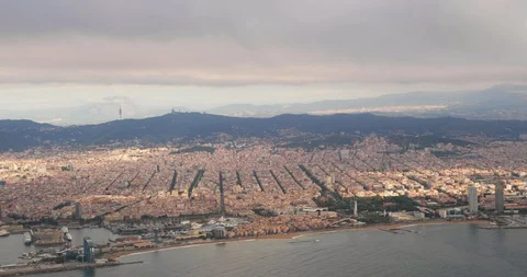 Barcelona, Spain. Aerial View Of Cityscape From Plane Flight Attitude Stock Footage