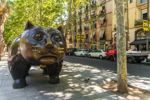 Barcelona, Spain - August 2, 2019: El Gato de Botero, famous sculpture in Raval Stock Photos