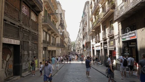 Barcelona, Spain August third of 2018 People walking in street Ferran in the Stock Footage 93256280