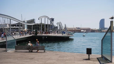 Barcelona, Spain August third of 2018 People walking in the Maremagnum and Port Stock Footage 93256400