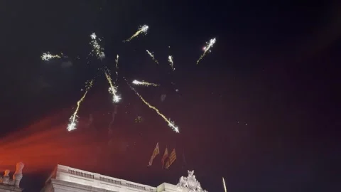 Barcelona, Spain - Correfoc Fire Run Celebration and Fireworks at Night Stock Footage 344056907