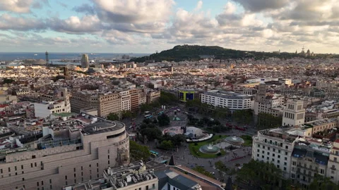 Barcelona, Spain. Drone Shot of Placa de Catalunya and Downtown Buildings, City Vídeos de archivo 339141176